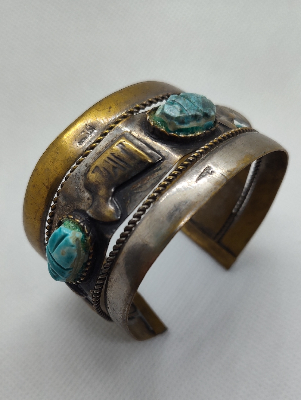 1940s brass  Egyptian Cuff Bracelet Blue Scarabs Nefertitti